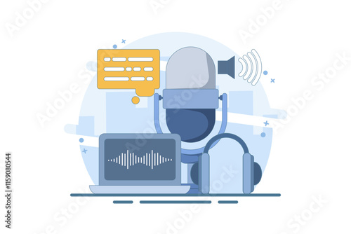 Podcast and broadcasting concept. Radio studio talking into microphone and recording audio podcast or live online interview. Flat design suitable for various purposes. Flat vector illustration.
