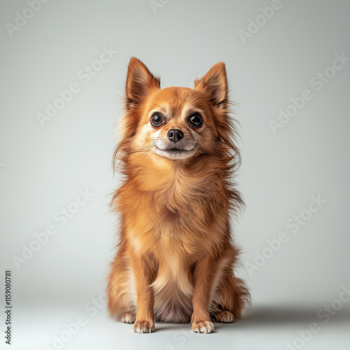 Adorable long haired chihuahua posing on seamless background photo