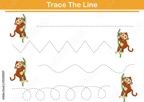 Trace line worksheets for children. Preschool handwriting practice with monkey. Vector illustration