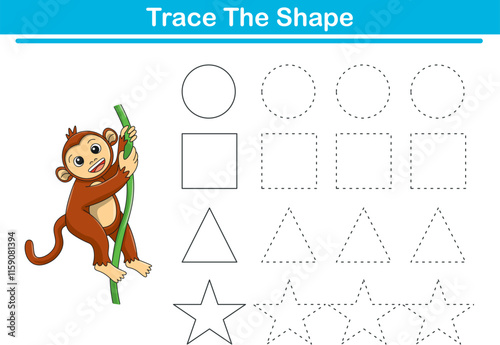 Tracing lines of different shape for kids with monkeys. Vector Illustration