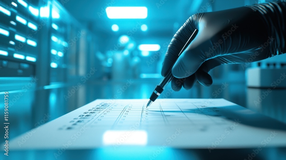 Gloved hand writing on lab report. Gloved hand writing on lab report.