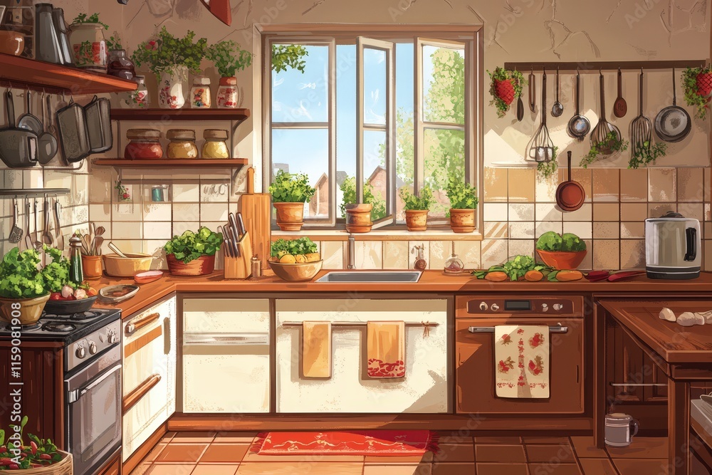 A Sunny Kitchen Filled With Herbs And Fresh Produce