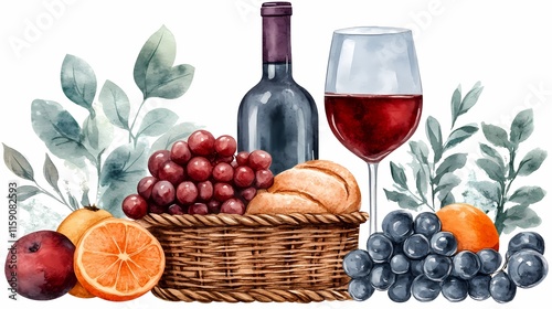 Illustration of a beautiful wine picnic. A glass and a bottle of wine, grapes, bread and fruits. Artistic on a white background.