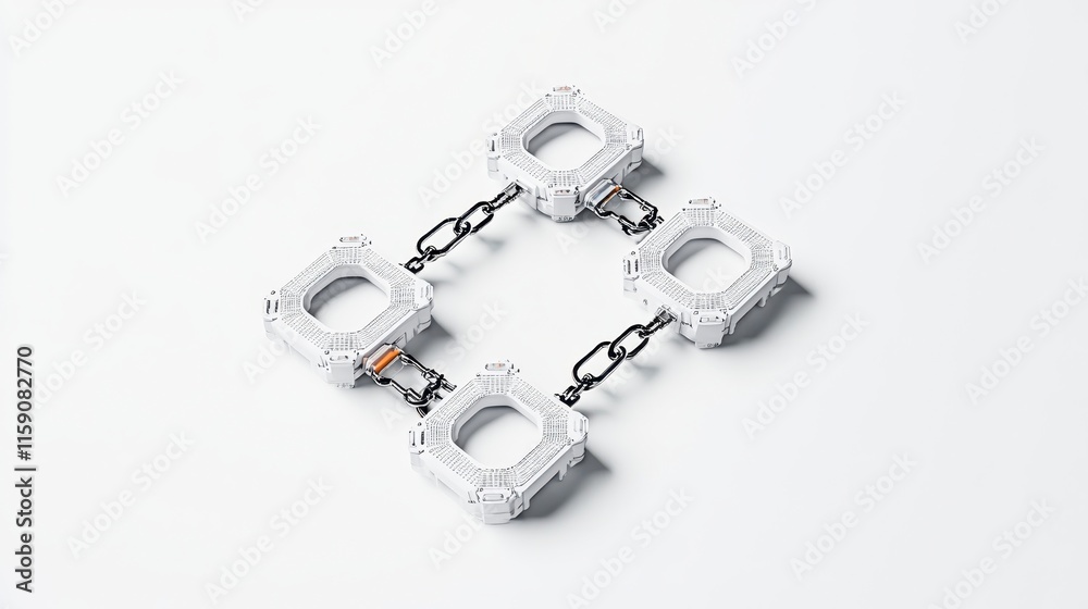 A unique set of handcuffs connected by a chain, displayed on a white background, emphasizing restraint and security.