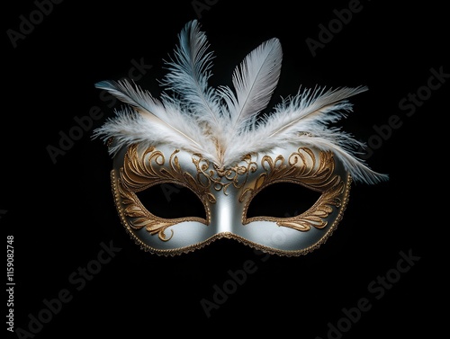 Exquisite Elegant Mask with Intricate Gold Details and Soft Feathers Against a Black Background for Carnival or Masquerade Themes photo