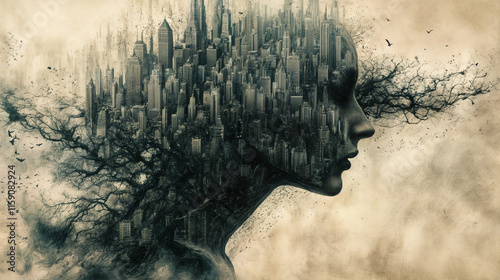 Double exposure of a portrait of a woman with an urban view on a neutral background
