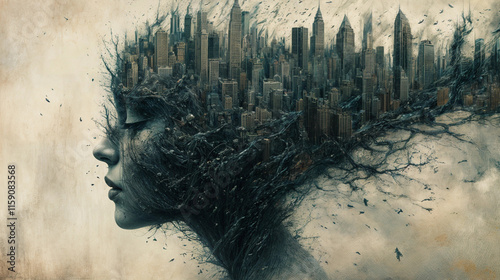 Double exposure of a portrait of a woman with an urban view on a neutral background