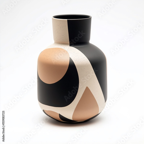 Modern ceramic vase with abstract geometric pattern on white background
