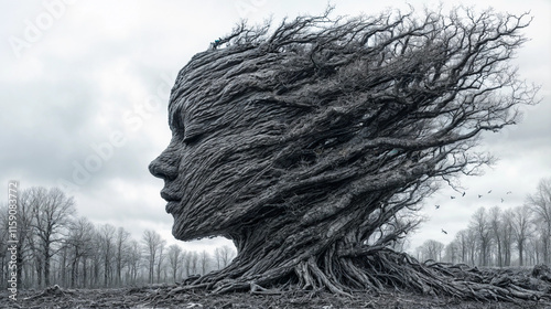 Portrait of a tree with a female face on its trunk in the middle of a forest. Environmental awareness image