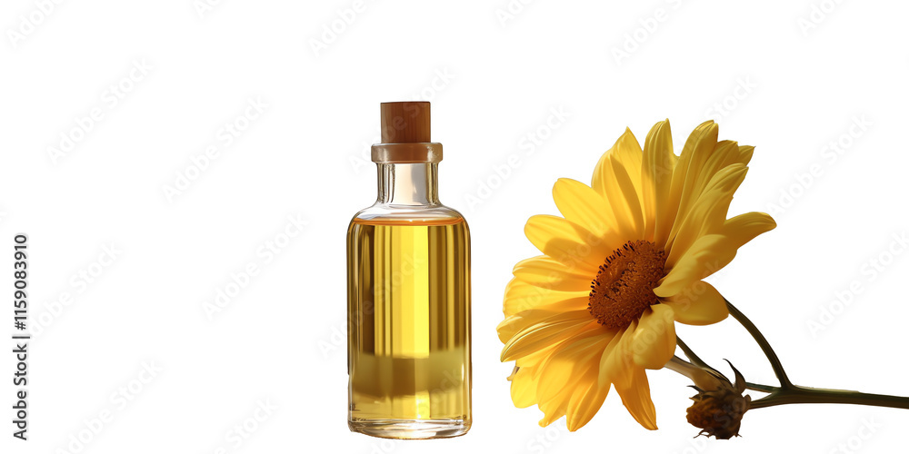 a bottle of oil next to a flower a bottle of oil next to a flower