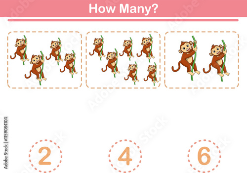 Counting game of monkeys for preschool kids. Printable. Vector Illustration