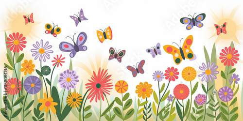 Wallpaper Mural Sunny Meadow Colorful Butterflies Flowers Springtime Illustration Torontodigital.ca