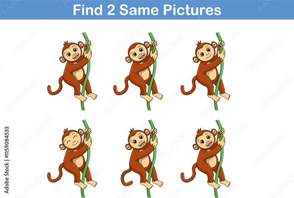 Naklejka premium Funny cartoon monkey. Find two same pictures. Educational game for children. Cartoon vector illustration