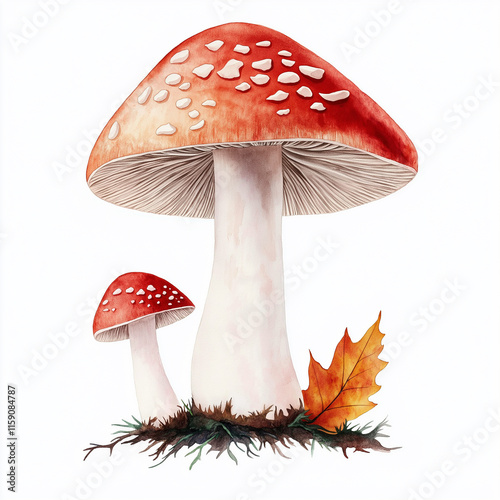 Fly agaric mushrooms growing in autumn forest with fallen leaf