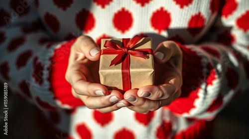 Hands holding a gift box tied with a red ribbon. Generative AI image	