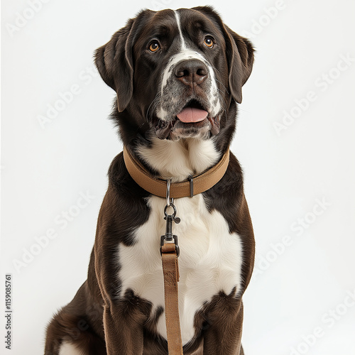 Portrait of large brown and white dog wearing collar and leash