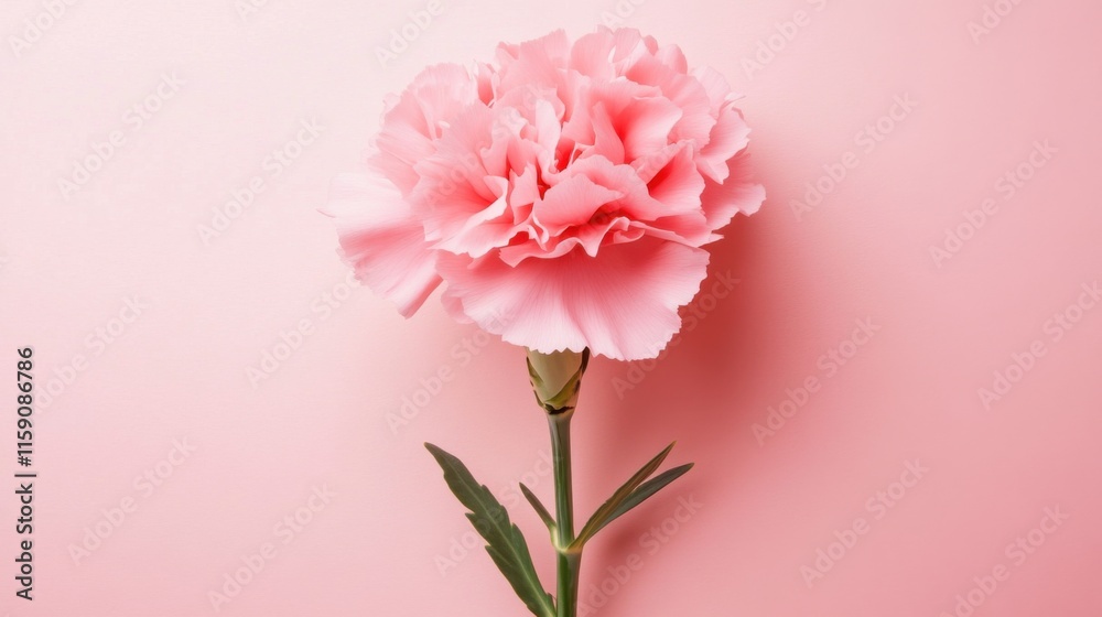 A charming carnation on a gentle pink background, flat design style, photo of