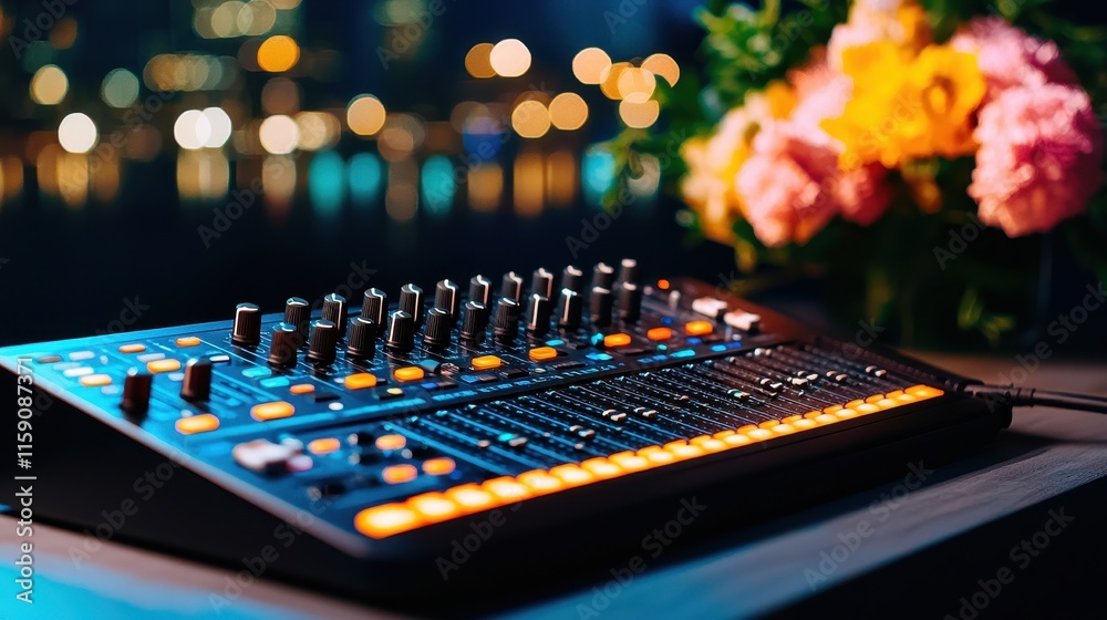 A colorful audio mixer with blurred city lights and flowers in the background. A colorful audio mixer with blurred city lights and flowers in the background.