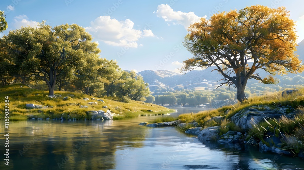 Serene Landscape with Reflective Water and Vibrant Autumn Trees Serene Landscape with Reflective Water and Vibrant Autumn Trees