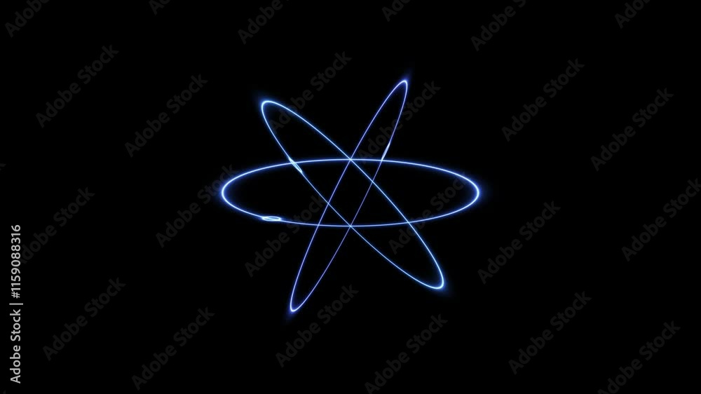 Dynamic neon lights atom model. Microscopic atomic particle system. Atomic structure. Concept of science, energy, matter, quantum physics. Neon atom icon moving animation