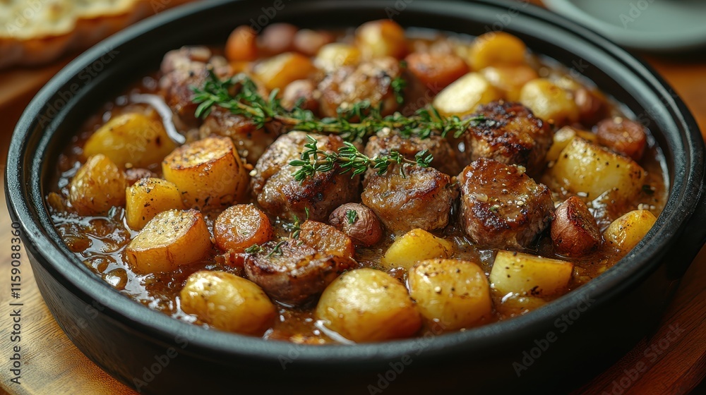 Rich goose stew with root vegetables and a side of crusty bread on a rustic platter. Rich goose stew with root vegetables and a side of crusty bread on a rustic platter.