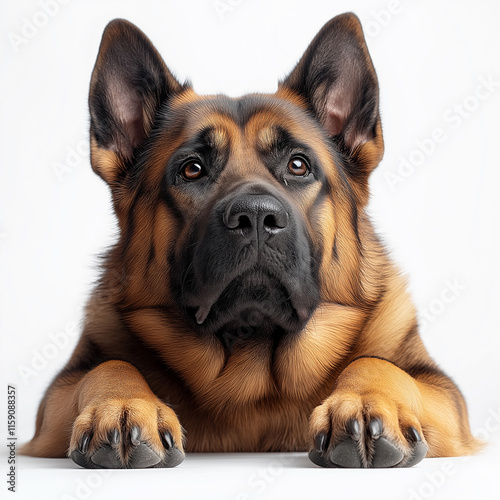 German shepherd dog lying down with paws on white surface