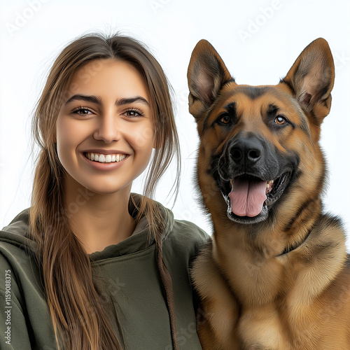 Smiling woman with german shepherd dog on white background