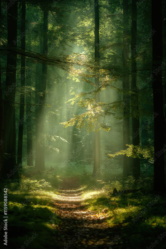 Fototapeta premium Sunlight Filtering Through Trees in a Forest