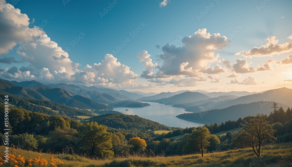 View of nature landscape with lake View of nature landscape with lake
