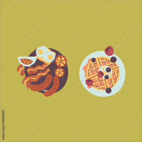 Colorful Retro flatlay brunch food
