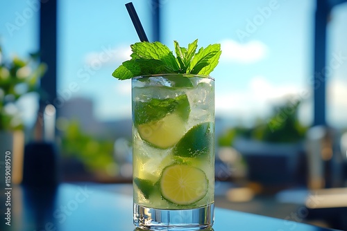 Refreshing Mojito Cocktail on a Sunny Rooftop Terrace: A Summertime Delight photo