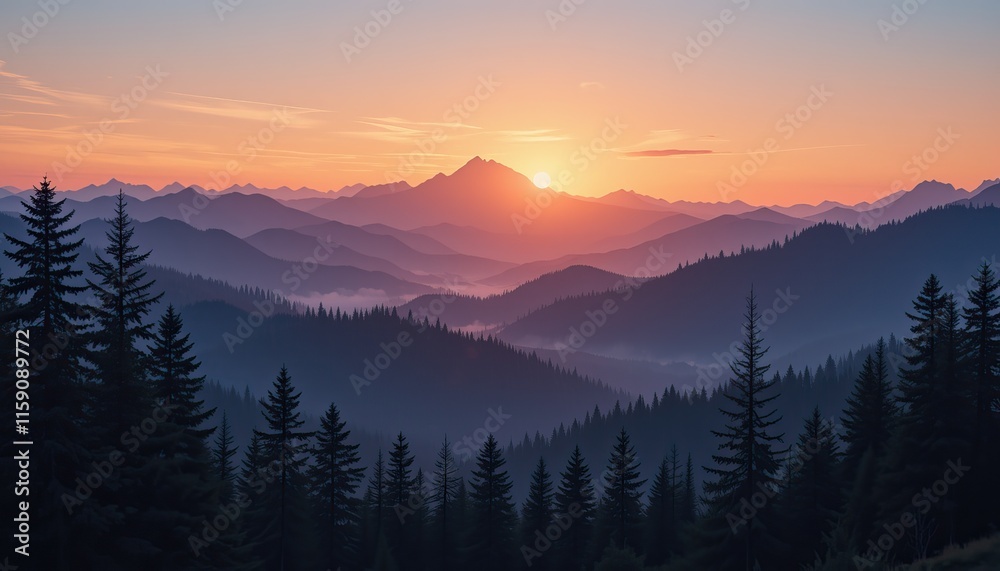 Fototapeta premium Sunset and silhouettes of trees in the mountains generative AI 