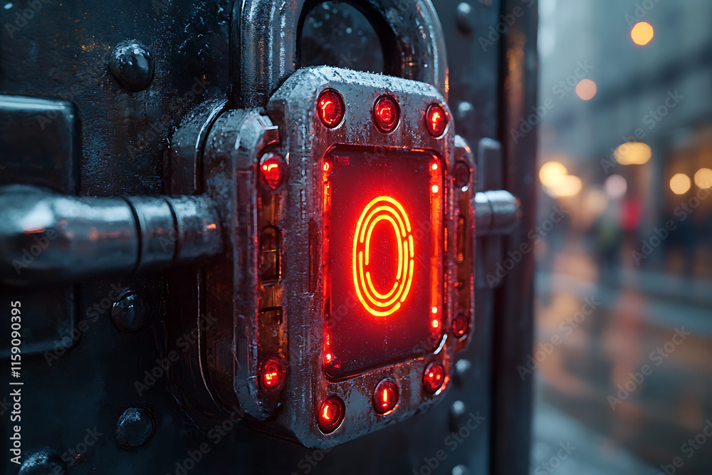 A futuristic padlock with a glowing fingerprint icon on its surface, representing secure access through biometric technology A futuristic padlock with a glowing fingerprint icon on its surface, representing secure access through biometric technology