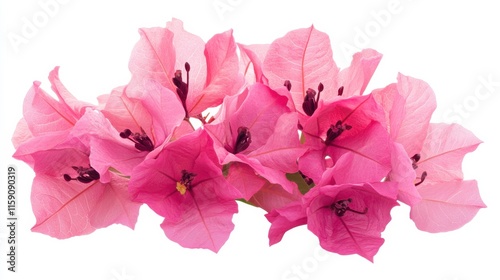 A close-up of a bunch of pink bougainvillea flowers with papery bracts, isolated white background, classic art style