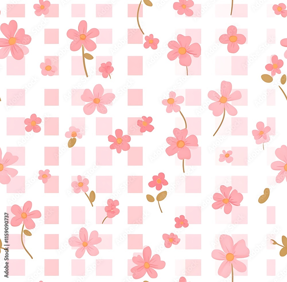 Pink gingham seamless pattern with small pink flowers, easter seamless pattern Pink gingham seamless pattern with small pink flowers, easter seamless pattern