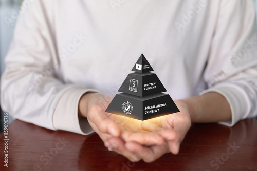 A pyramid is being held by a person. The pyramid has the words 