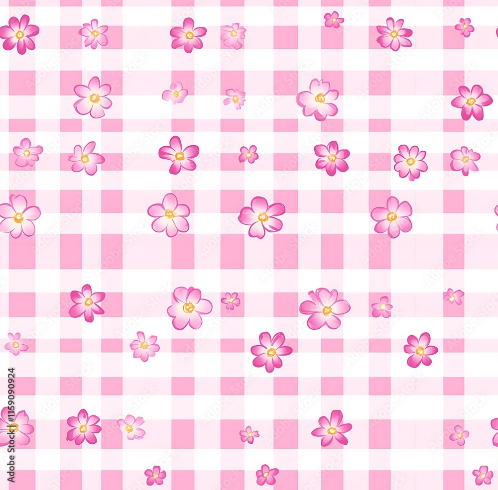 Pink gingham seamless pattern with small pink flowers, easter seamless pattern Pink gingham seamless pattern with small pink flowers, easter seamless pattern