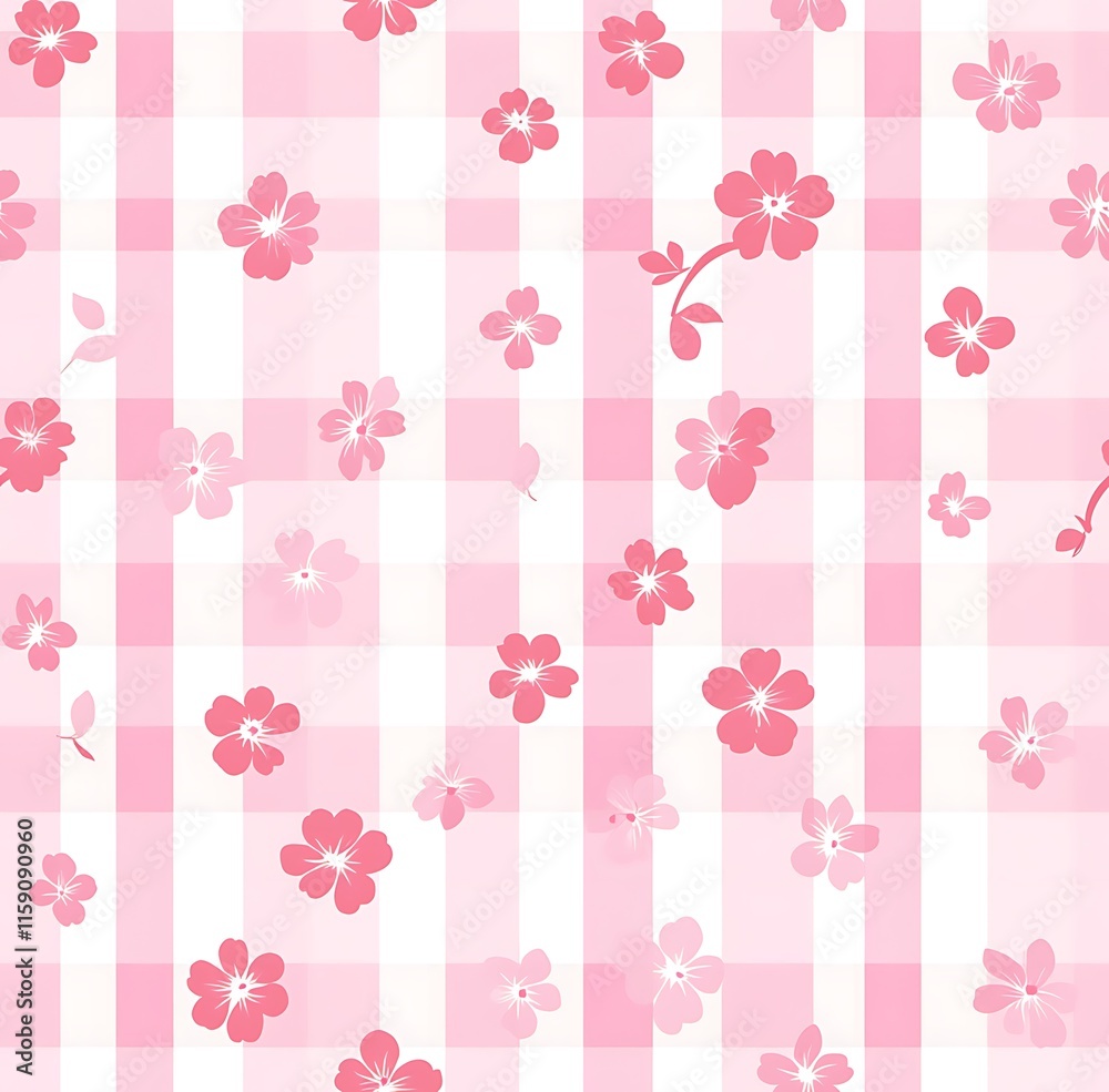 Pink gingham seamless pattern with small pink flowers, easter seamless pattern Pink gingham seamless pattern with small pink flowers, easter seamless pattern