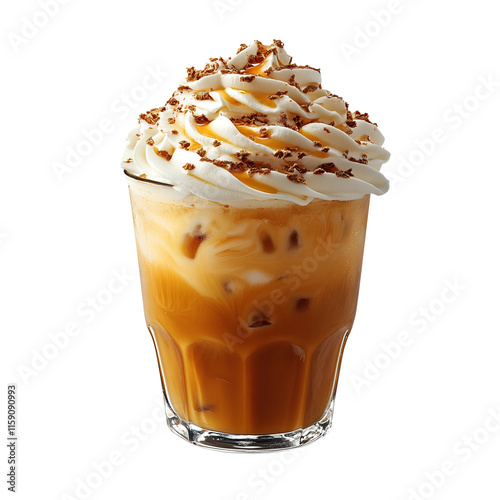 Delicious iced coffee caramel whipped cream drink beverage png isolated on transparent background photo