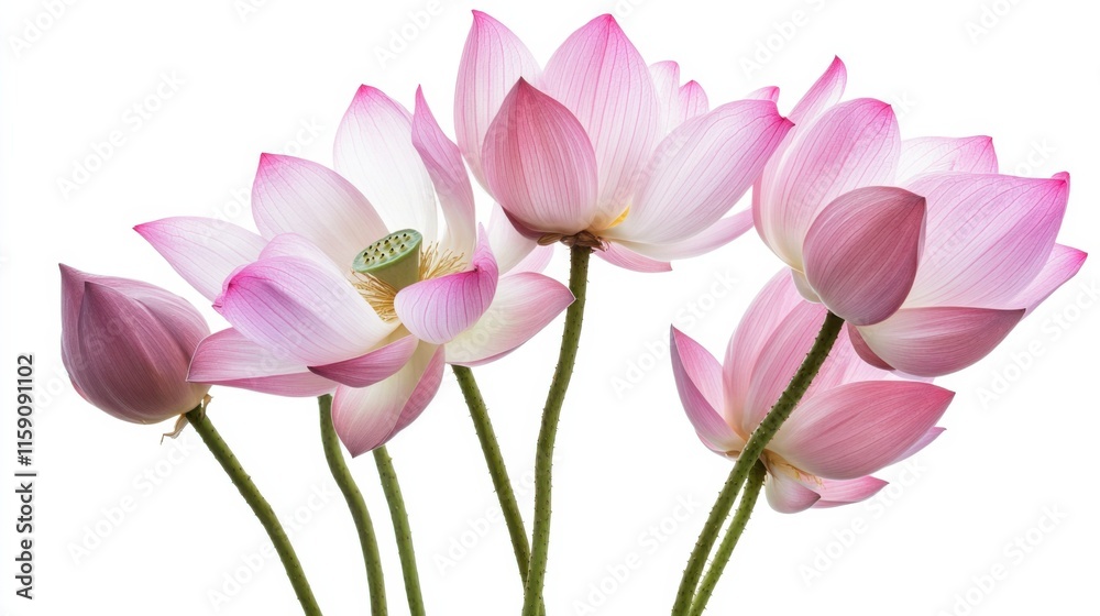 A close-up of a bunch of pink lotus flowers with delicate petals, isolated white background, classic art style A close-up of a bunch of pink lotus flowers with delicate petals, isolated white background, classic art style