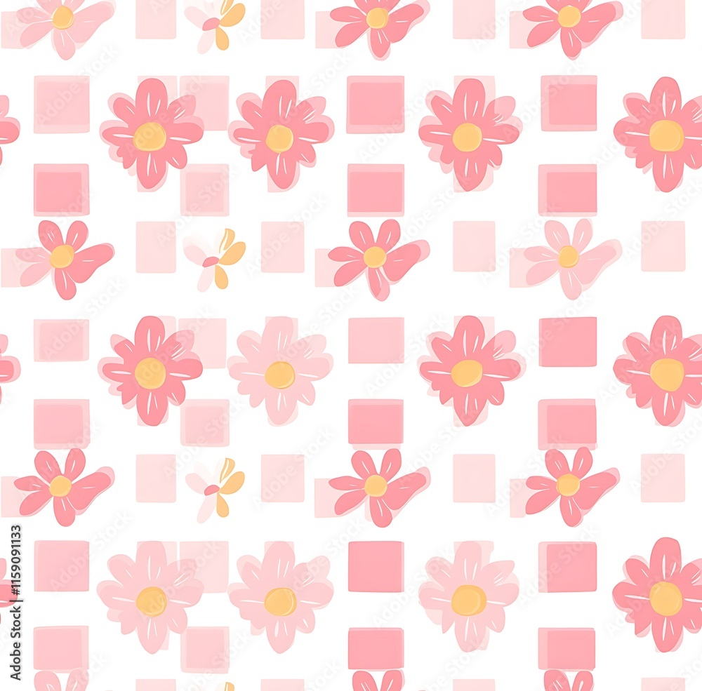 Pink gingham seamless pattern with small pink flowers, easter seamless pattern Pink gingham seamless pattern with small pink flowers, easter seamless pattern
