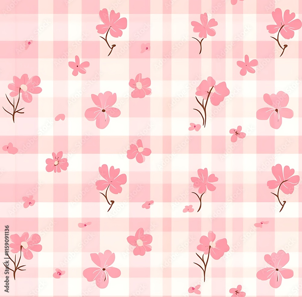 Pink gingham seamless pattern with small pink flowers, easter seamless pattern Pink gingham seamless pattern with small pink flowers, easter seamless pattern