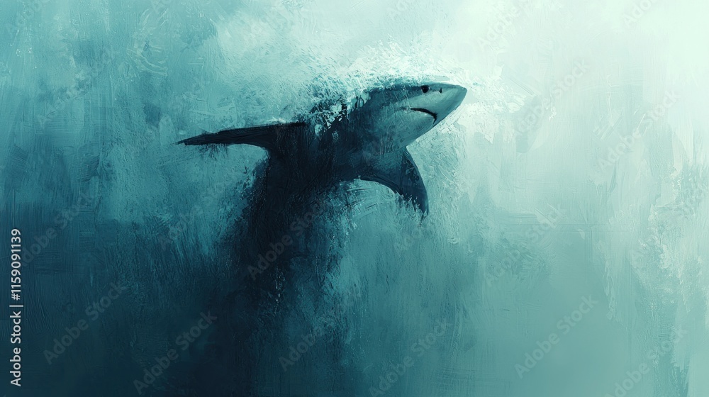 Fototapeta premium Great white shark leaping from ocean wave.