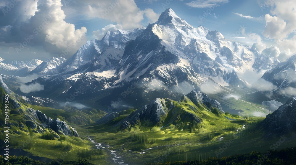 Majestic Mountain Landscape with Lush Green Valleys and Clouds Majestic Mountain Landscape with Lush Green Valleys and Clouds