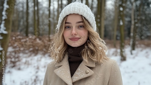 Cheerful woman bundled in scarf enjoying winter outdoors photo