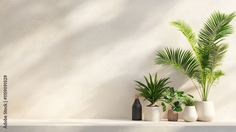 Fototapeta premium Serene Tropical Plants Gracefully Arranged on a Neutral Wall: 3D Rendered Minimalist Home Decor Mockup. AI Generated