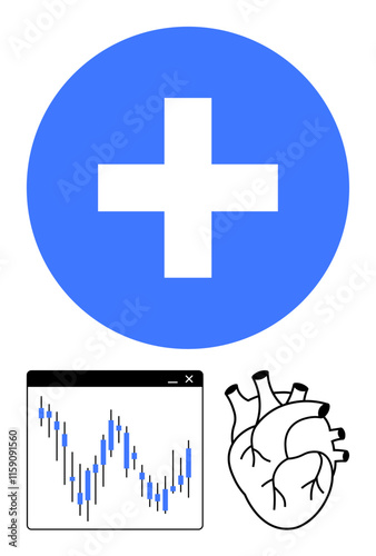 Medical cross in blue circle, black and white anatomical heart, and financial stock market chart. Ideal for healthcare, financial analysis, medical research, health economics, data analysis, medical