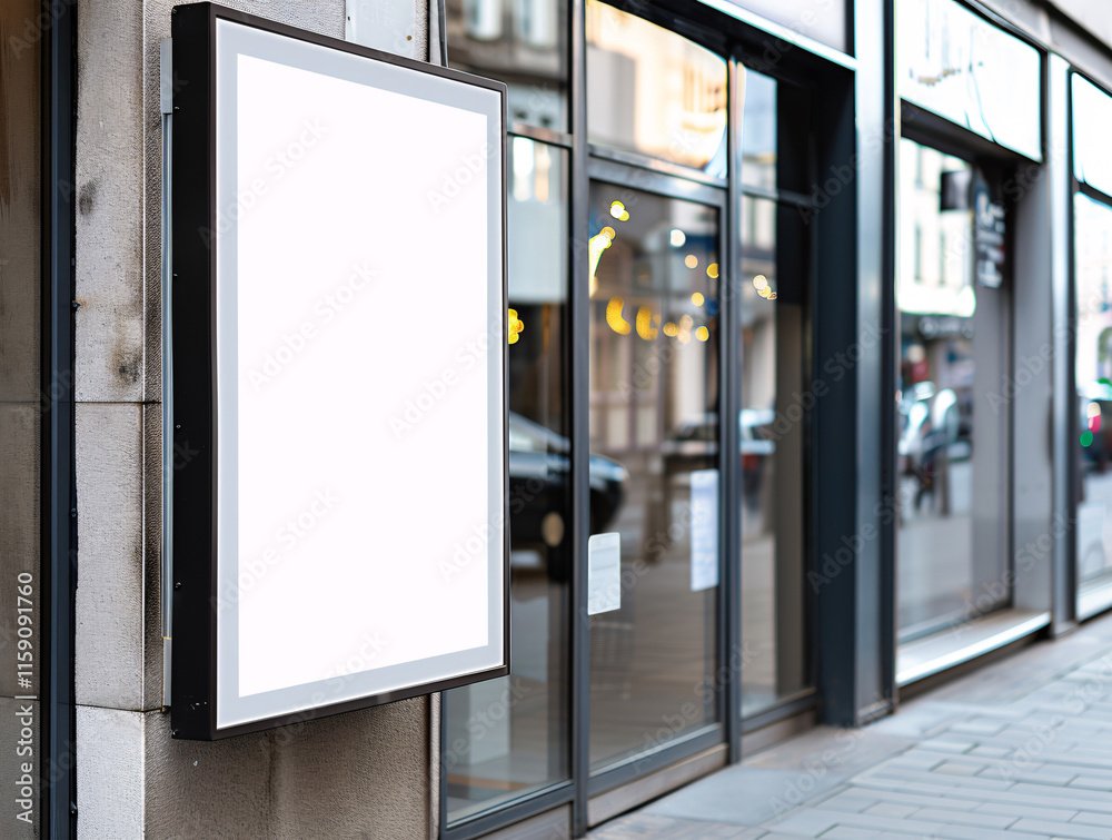 Mockup of a frame poster billboard displayed outside the building shop and restaurant Mockup of a frame poster billboard displayed outside the building shop and restaurant