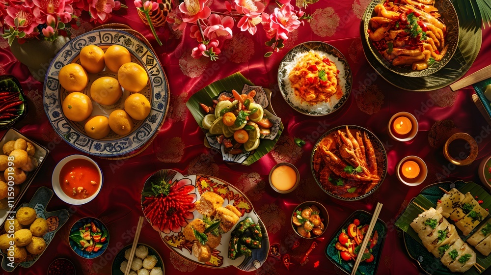 Vibrant Table Spread of Colorful Asian Cuisine with Fresh Ingredients Vibrant Table Spread of Colorful Asian Cuisine with Fresh Ingredients