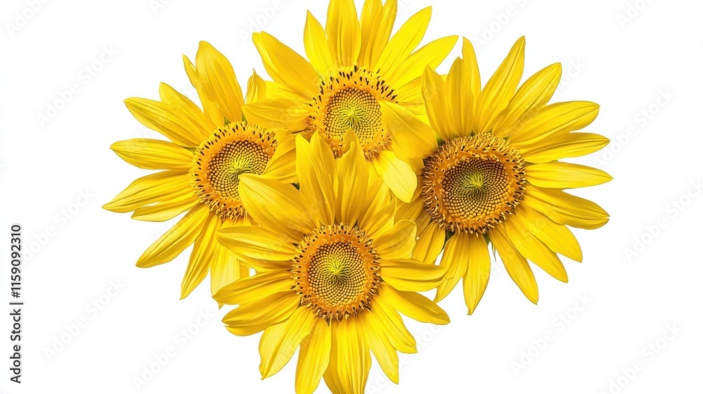 Fototapeta premium A close-up of a bunch of yellow sunflower blooms with golden petals, isolated white background, impressionistic art style
